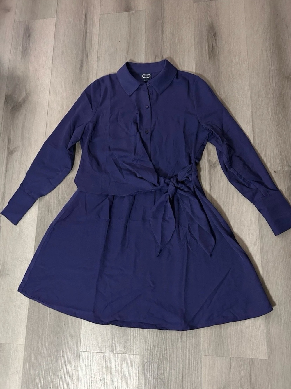 Button-Front Tie Waist Shirt Dress - Navy